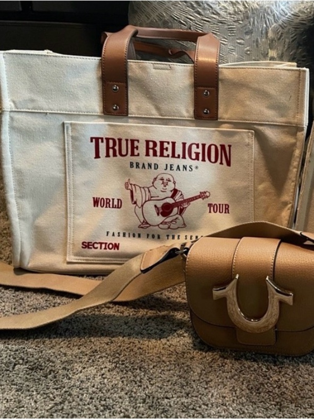 Xl True Religion Cream Canvas Messenger Tote with Tan Leather Accents